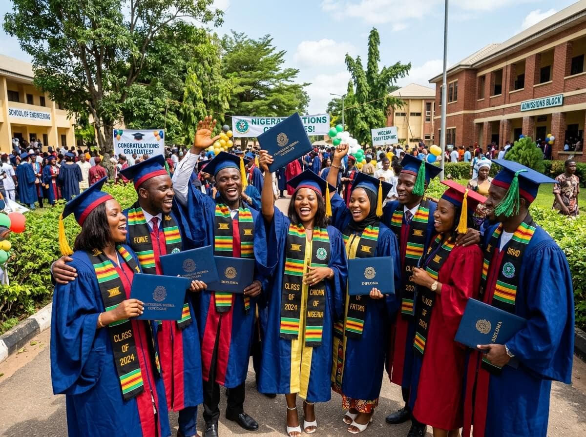 Jubilant Nigerian polytechnic graduates celebrating in academic gowns
